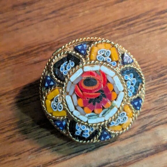Vintage Italian Gold Tone Millefiori Mosaic Pin Brooch Floral Design 1.5" multic - Picture 4 of 8